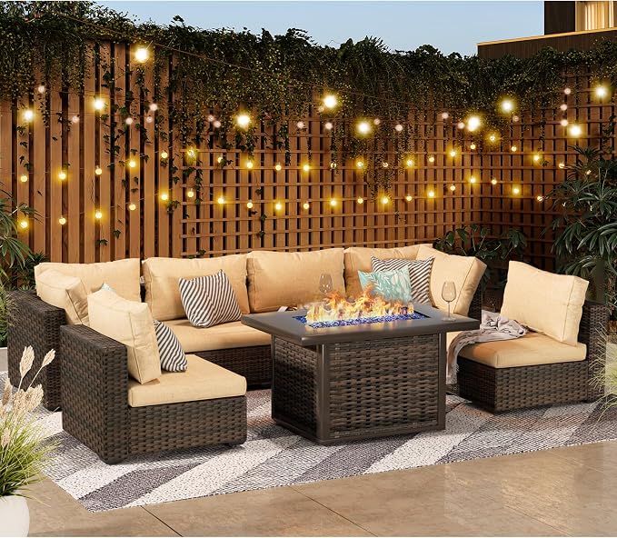 Grezone 15 Piece Patio Furniture Set with 44" Fire Pit Table, Outdoor Sectional Couch, PE Rattan Patio Conversation Sets with 4inch Cushions for Backyard Beige