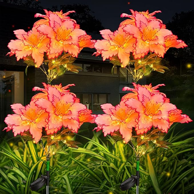 Neporal Solar Flowers Outdoor Waterproof Rhododendron, Garden Solar Lights Decorative 4PK 7-Stem, 2 Decor Lighting Modes, Solar Powered Garden Decor, Solar Yard Decor (Pink)