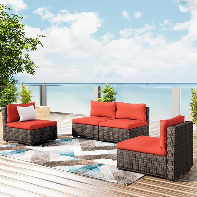 Grezone 5 Piece Patio Furniture Set with 44" Fire Pit Table, Outdoor Sectional Couch, PE Rattan Patio Conversation Sets with 4inch Cushions for Backyard Red