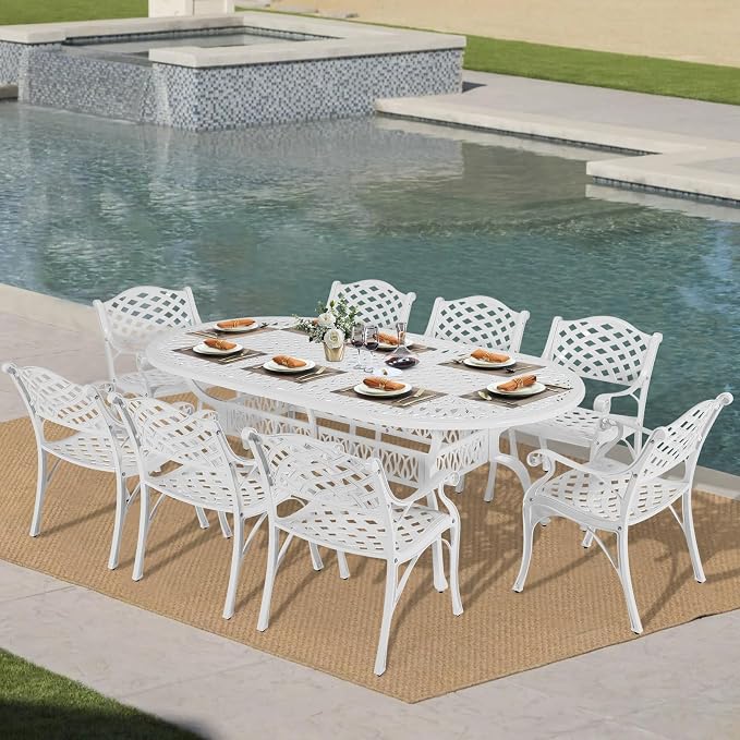 VIVIJASON 9-Piece Outdoor Dining Set, All-Weather Cast Aluminum Retro Patio Dining Set, Include 8 Chairs and an Oval Table with Umbrella Hole for Balcony Lawn Garden Backyard, White