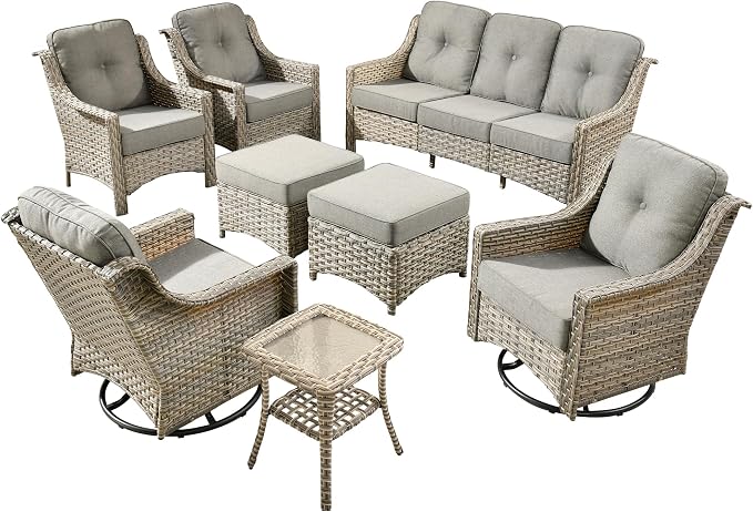 8 PCS Outdoor Patio Furniture Sets,Patio Conversation Sets Outside Rattan Soft Cushion Sofa with 2 Wicker Rocking Chairs Soft Cushion Fit Backyard Porch Garden Poolside Balcony,Dark Grey