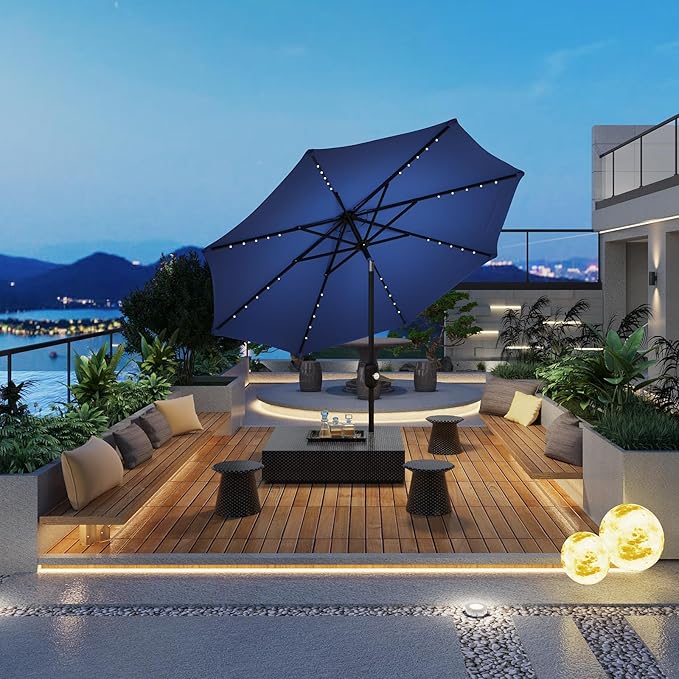 10FT Patio Umbrella with Solar Lights, Outdoor Market Table Umbrella with 8 Ribs, 40 LED Lights and Crank Handle for Pool, Lawn, Garden, Backyard, Navy Blue