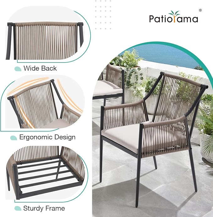Patiorama 7-Piece Outdoor Dining Set, Patio Wicker Dining Table Chair Set with 55"-71" Acacia Wood Expandable Table & Embossed Rattan Wicker Rope Chairs, Dining Table Chair Set for Yard Garden, Beige