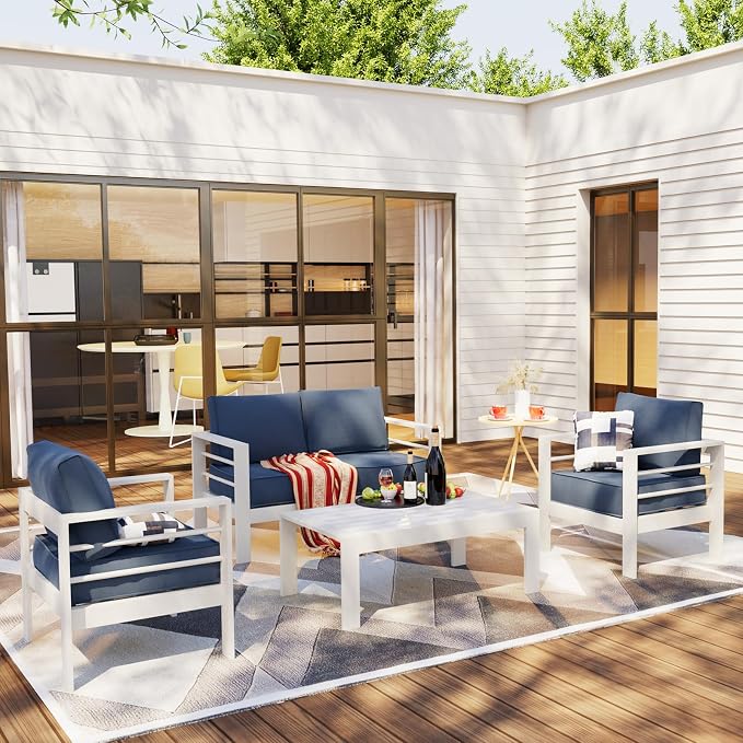 Amopatio Aluminum Patio Furniture, 5 Pieces Metal Outdoor Furniture Set, Outdoor Sectional Modern Sofa Sets with Coffee Table for Pool, Garden, White&Blue (Included Waterproof Covers)