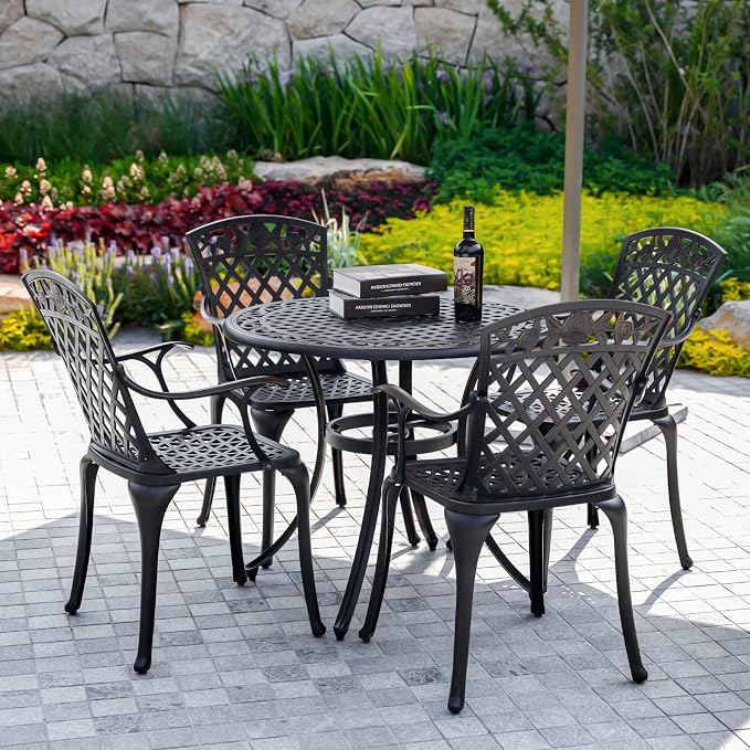 5 Pieces Outdoor Patio Dining Set, 36" Metal Outdoor Dining Set with 1.97" Umbrella Hole, Anti Rust Patio Furniture Set with 4 Chairs and Round Table for Garden, Porch and Poolside, Bronze