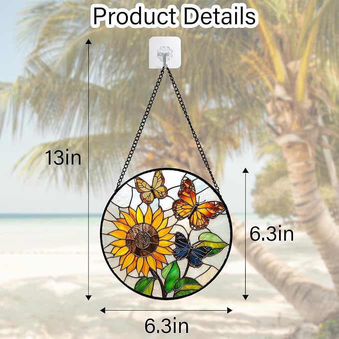 DASTOLL Stained Glass Window Hanging, Butterfly and Sunflowers Sun Catchers Glass Panel Plant Insects Suncatcher Decor for Birthday for Women, Men, Wife, Aunt, and Mom 6.3 in