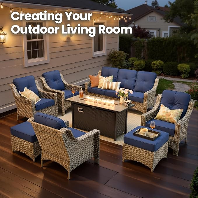 8 Piece Patio Furniture Set with Fire Pit Table, All Weather Wicker High Back Sofa Chairs Ottoman with Thick Cushion, Outdoor Conversation Sets for Large Backyard Deck Garden, Navy Blue