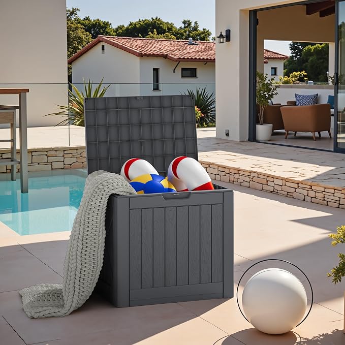 JUMMICO 42 Gallon Deck Box Waterproof, Resin Outdoor Storage Box with Side Handles, Outdoor Storage Benches Lockable for Patio Cushions and Garden Tools (Gray)