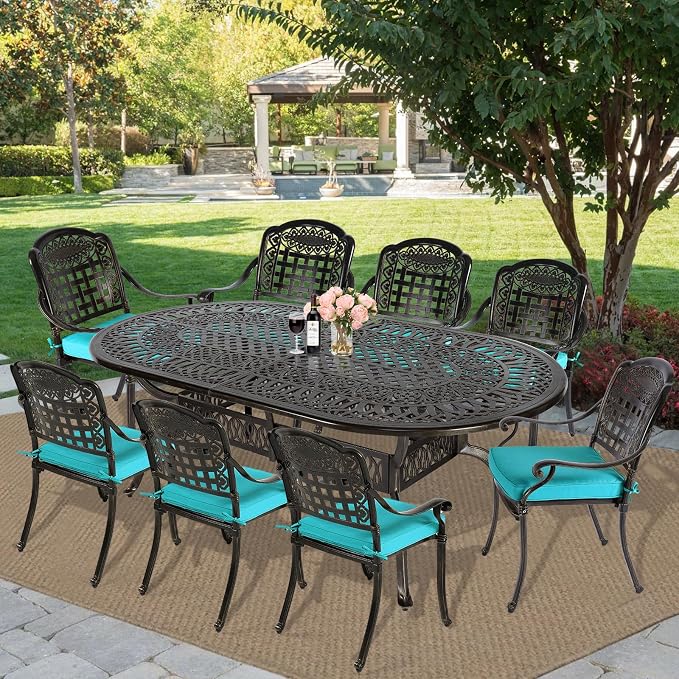 MEETWARM 9-Piece Outdoor Furniture Dining Set, All Weather Cast Aluminum Patio Garden Set with 8 Chairs, 8 Cushions, 1 Oval Table, 2" Umbrella Hole, Dark Bronze, Ocean Blue