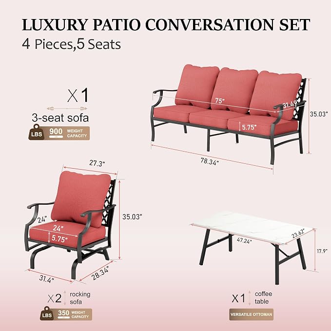 HERA'S HOUSE 4 Piece Patio Furniture Set, 2 x Rocking Metal Frame Cushioned Chair, 3-Seat Sofa with Marbling Coffee Table, All Weather Outdoor Conversation Set for Lawn Garden Backyard, Red