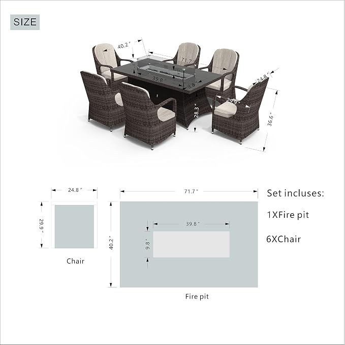 Abrihome® 7 Piece 6-Seat PE Rattan Wicker Outdoor Patio and Garden Rectangular Fire Pit Dining Table Set (Glass Tabletop)