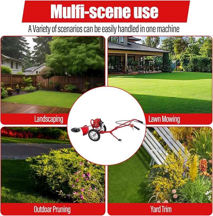 49CC 2-Stroke Gas Powered Lawn Mower, Hand Push Lawn Mower Trimmer, Brush Mower Gasoline Brush Broom Sweeping Machine, Gas Brush Cutter String Trimmer for Yard