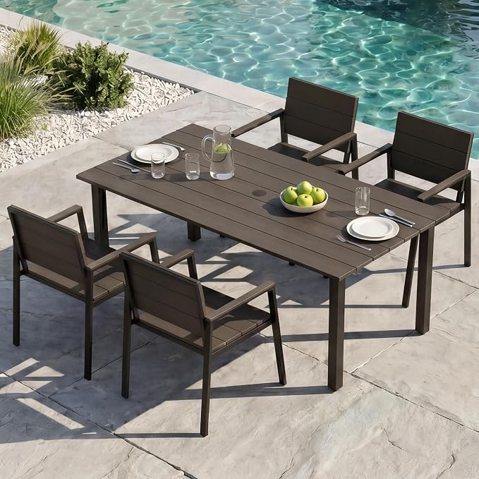Outdoor Table and Chairs for 4 Aluminum Patio Dining Set with Umbrella Hole | All Weather,HDPS Material,Oversized,5 Piece,for Backyard,Rot-Fade-Crack Proof,Maintenance-Free,Sturdy,Heavy-Duty,Chocolate