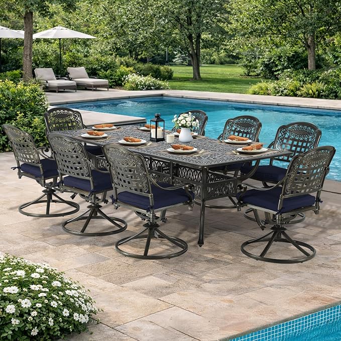 VIVIJASON 9-Piece Outdoor Dining Furniture Set, Cast Aluminum Patio Table & Chairs Set for 8, Include 94.5" Rectangular Dining Table and 8 Swivel Rocker Chairs with Umbrella Hole, Navy Blue Cushion