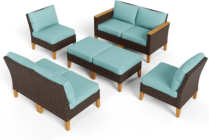 PHI VILLA 8-Piece Wicker Furniture Set, Rattan Patio Conversation Set Outdoor Sectional for 8 Seats with 4 x Armless Sofa, 2 x Armrest Chair and 2 x Ottoman, Aqua Blue