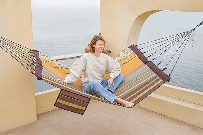 GAFETE 14ft 2 Person Hammock for Outside, Quick Dry Textilene, Portable Hammocks Without Stand with Folding Steel Spreader Bar, Carrying Bag, Tree Straps, Pillow & Sidebag, 550 lbs Capacity (Coffee)