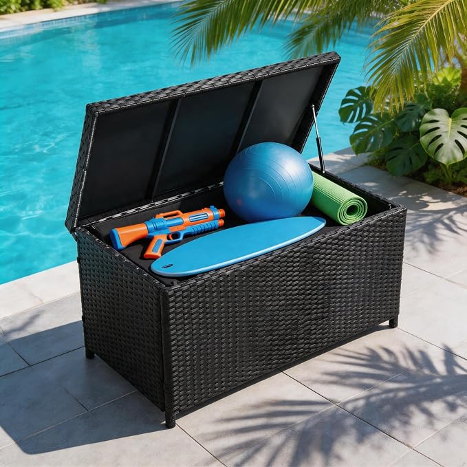 Outdoor 70 Gallon Wicker Storage Box with Waterproof Liner, Patio PE Rattan Storage Container for Outside, Deck Box with Hinged Lid for Cushions, Pillows, Towels, Horizontal Bin, Black