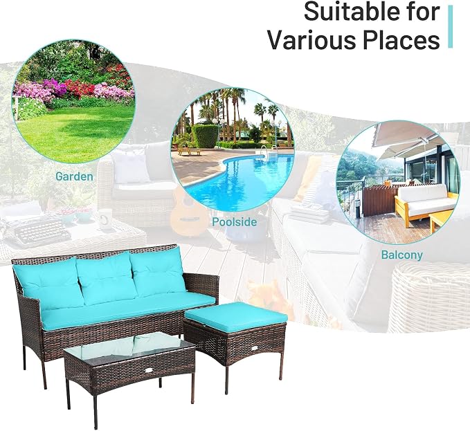 RELAX4LIFE 3 Pieces Patio Furniture Sectional Set, Rattan Wicker Conversation Set W/5 Cozy Seat & Back Cushions, Tempered Glass Coffee Table for Poolside, Backyard Outdoor Furniture (Turquoise)