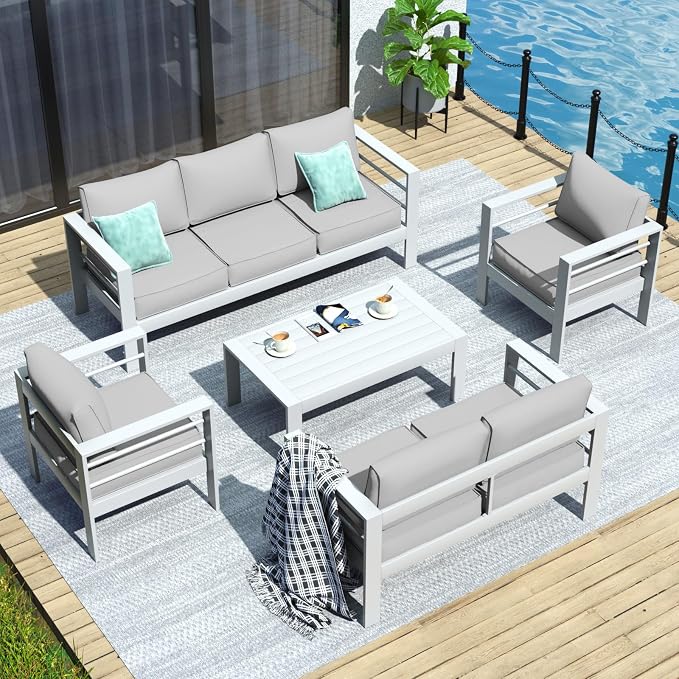 Aluminum Patio Furniture,Outdoor Metal Sectional Sofa with Table and Waterproof Covers,White Modern Patio Furniture Set for Garden Backyard (8-Piece)