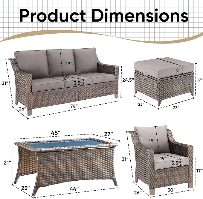 6 Pieces Outdoor Patio Furniture-High Back Rattan Wicker Couch with Outdoor Chairs Patio Conversation Sets for Porch Garden Backyard Poolside-Brown/Grey