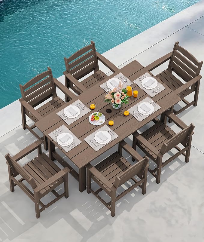 SERWALL 8-Pc HDPE Dining Set, 1 Table, 1 Umbrella & 6 Chairs, Coffee | Patio Dining Set with Umbrella, 67"Rectangular Table & 6 Chairs & 15FT Umbrella, All Weather Dining Furniture