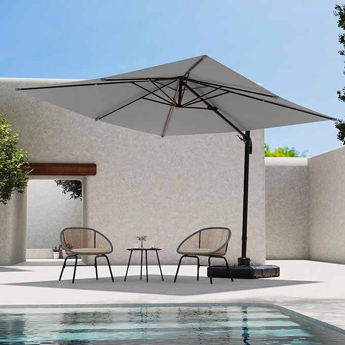 LAUSAINT HOME 9 FT Patio Umbrella, Outdoor Large Cantilever Windproof Patio Offset Umbrella with 360° Rotation for Backyard, Pool, Lawn, Deck (Square, Gray)