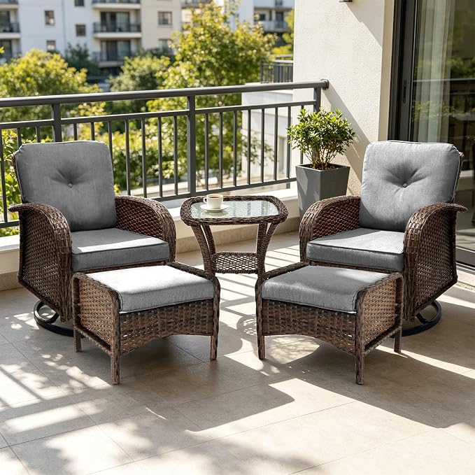 All Weather Patio Furniture Set, High Back Swivel Rocker Glider Chairs,Ottomans & Glass Tables, Outdoor Conversation Set for Deck Porch Yard Poolside (Grey, 5PCS-Swivle Chairs&Ottomans&Table)