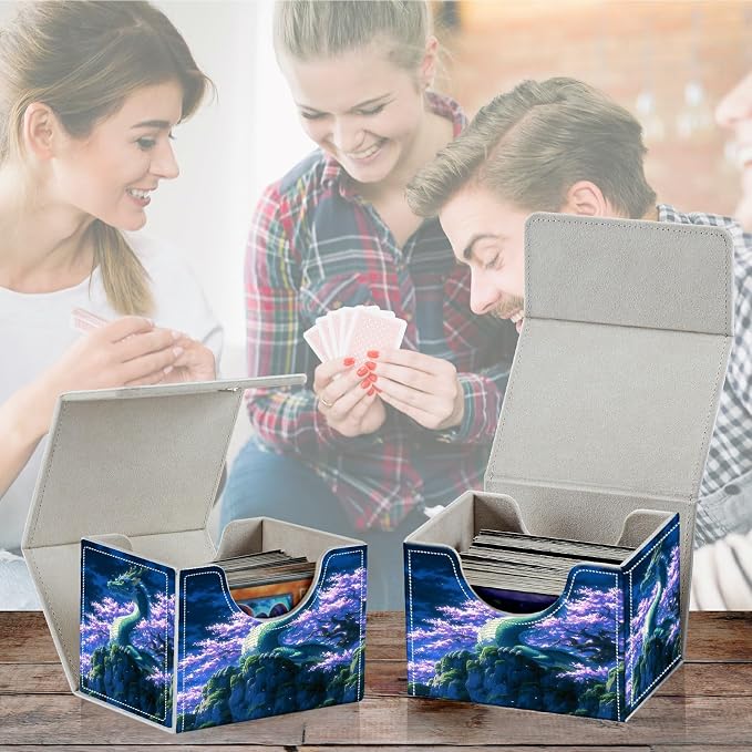 Card Deck Box for MTG, Cards Storage Box Fits 120+ Sleeved, Leather Small Size Strong Magnetic Closing Card Case for Board Games Magic TCG CCG Baseball Collection, Purple Tree Dragon
