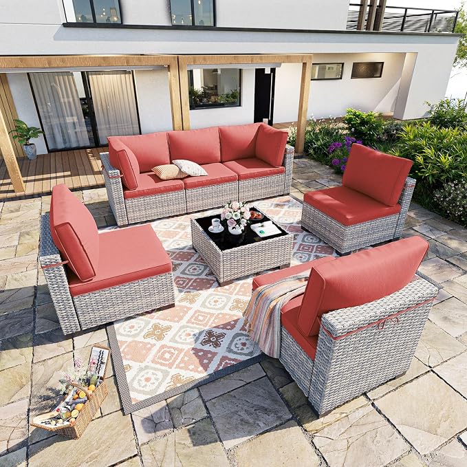 7-Piece Patio Furniture Set, Outdoor Sectional with Thick Cushions, Modular Patio Sofa, Dual-Strand Wicker Rattan, Rust-Resistant Frame, Backyard Furniture for Garden, Deck, Red