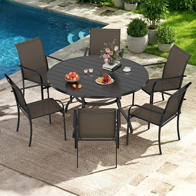 Incbruce 7 PCS Patio Dining Set, Outdoor Dining Set of 6 Textilene Chairs and 53" Round Table with Umbrella Hole for Backyard, Garden, and Poolside (Brown)
