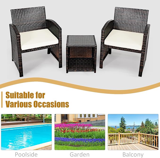 Tangkula 3-Piece Outdoor PE Rattan Furniture Set, Patio Conversation Set w/Chair & Storage Coffee Table, Detachable Cushion, Stable X-Shaped Frame, Perfect for Garden, Backyard, Poolside (White)