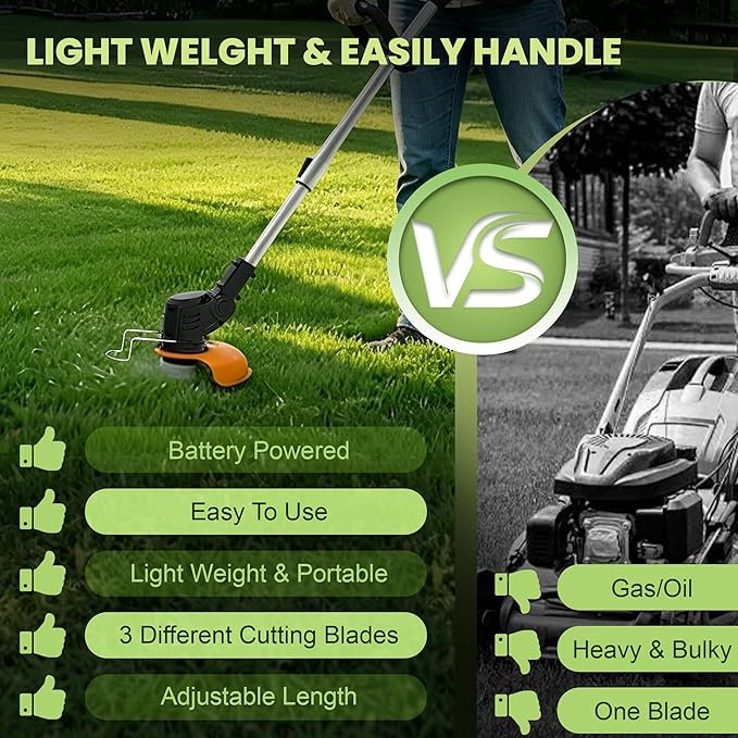 Cordless Electric Weed Wacker, 3-in-1 No String Electric Eater Battery Powered Grass Trimmer Lawn Edger Brush Cutter, Lightweight Portable Weed Trimmer with 4 Blades & Wheels for Yard Lawn Garden