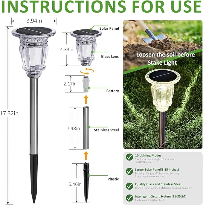 Solar Pathway Lights Outdoor 2 Pack, Warm White Solar Garden Lights, 17.5" IP65 Waterproof Glass Stainless Steel Tungsten Solar Powered Landscape Lights for Yard Walkway Driveway Patio Lawn Flower Bed