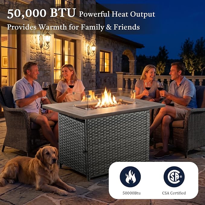 Luxury 7 Piece Wicker Patio Furniture Set with Swivel Rocker and 30“Fire Pit Table - Grey