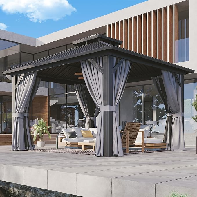 Aoxun 12'x12' Hardtop Gazebo, Metal Frame Canopy with Double Galvanized Steel Roof, Outdoor Metal Pavilion with Netting, Curtains for Backyard, Patio and Deck