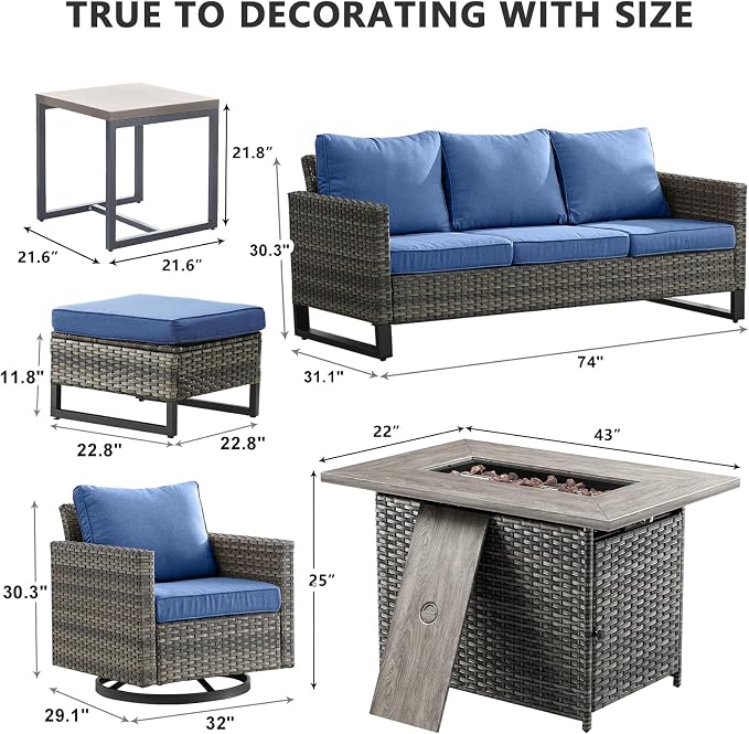HUMMUH 7 Piece Patio Furniture Set with Fire Pit 41in 55,000 BTU,Wicker Outdoor Conversation Sets - Patio Swivel Chairs Sofa Ottomans,Side Table for Porch,Garden,Backyard
