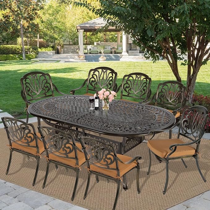MEETWARM 9-Piece Outdoor Patio Dining Set- 8 Outdoor Dining Cushioned Chairs and 1 Oval Table with 2" Umbrella Hole, All Weather Cast Aluminum Patio Funiture Set for Backyard, Patio, Garden