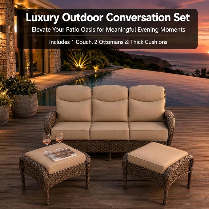 HUMMUH Outdoor Couch with 6-inch Thick Cushion, Luxury High Back Patio Furniture Set -Patio Sofa with Ottomans,3PCS Wicker Conversation Set for Deck Yard and Porch