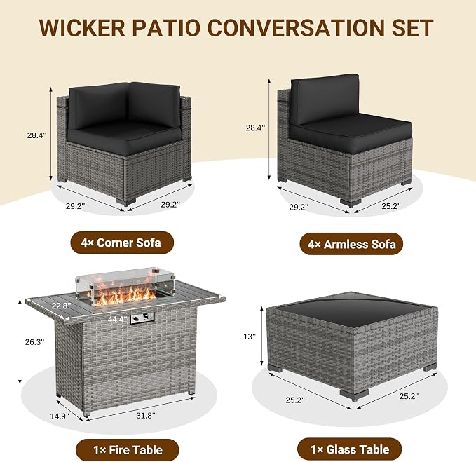 Patio Furniture Set with 44'' Propane Gas Firepit Table, 10 PCS Modular Outdoor Sectional Conversation Sets, All-Weather Wicker Patio Set for Backyard, Black (Waterproof Covers Included)