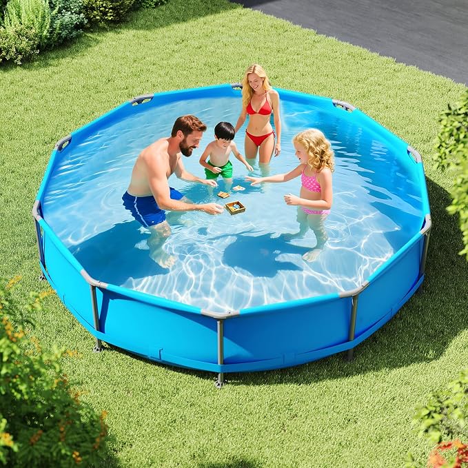 Goplus Above Ground Swimming Pool, 12' x 12' x 30'' Metal Frame Family Pool Set w/PVC Fabric, 3 Stoppers, Drainage Valve Connector, for Outdoor, Backyard, Garden, Patio (12' Round, 1617 Gal, Blue)