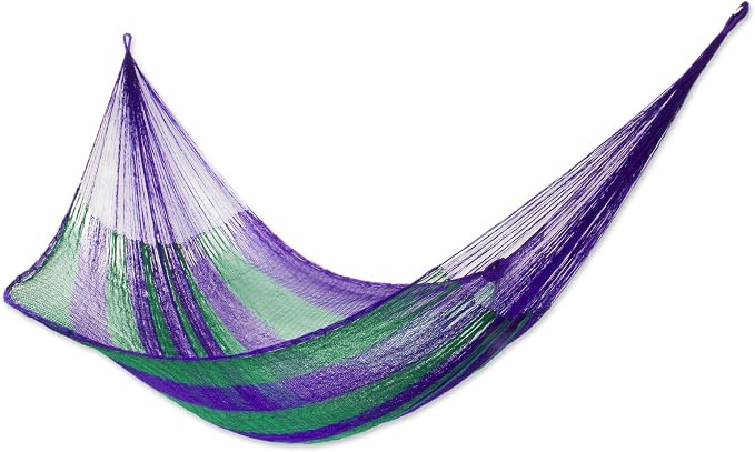 NOVICA Green and Purple Striped Hand Woven Nylon Mayan 2 Person XL Rope Hammock, 'Green Vineyard' (Double)