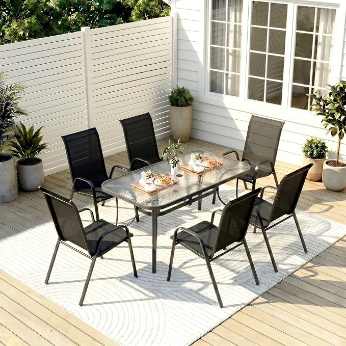 TLSUNNY Patio Dining Set for 6, Outdoor Table and Chairs W/1.69″ Umbrella Hole, 30"X 55" Table and Stackable Textilene Chair, All Weather Patio Furniture Set (Grey Table & Black Chair)