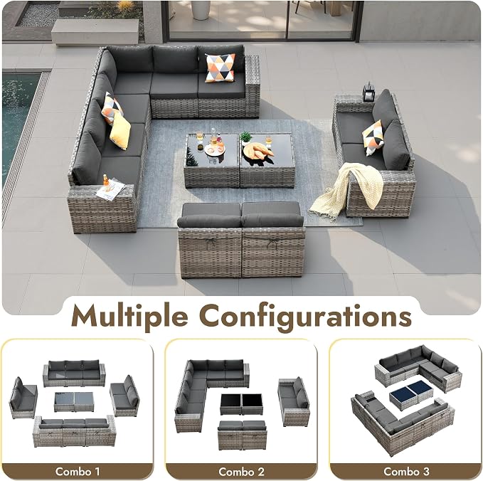 12 Pieces Patio Furniture Set, Wicker Outdoor Sectional Sofa with Coffee Table Comfy Cushions, Modern Modular Deep Seat Rattan Couch Conversation Set for Backyard Porch Yard,Black