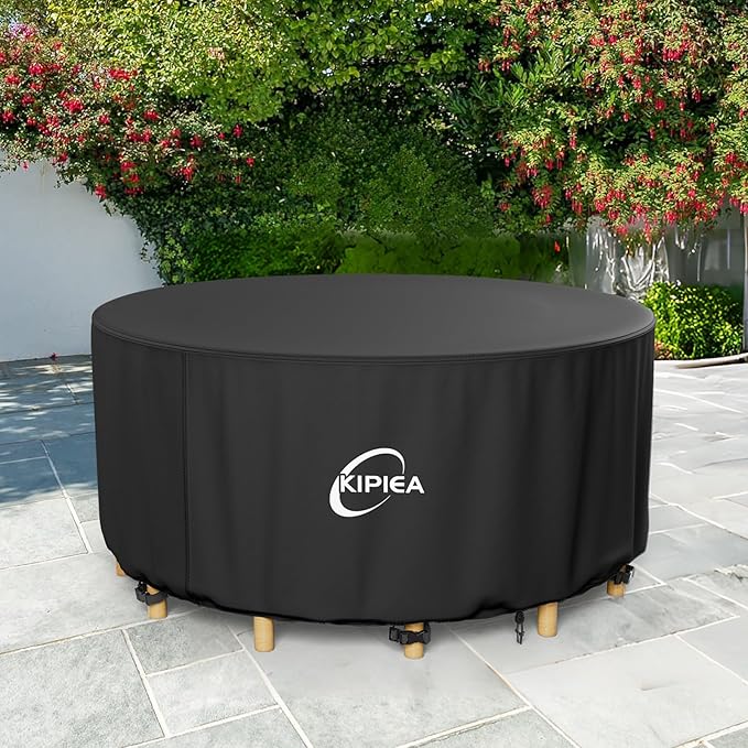 Kipiea Round Patio Table Cover Waterproof, Heavy-Duty Round Patio Furniture Covers, No Tears Anti UV No Fading (84" Dia x 28" H)
