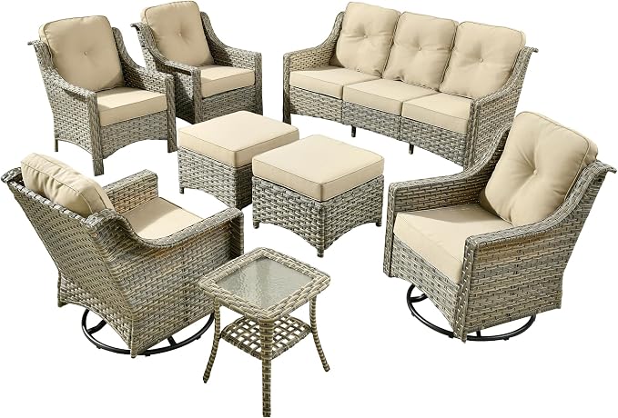 8 PCS Outdoor Patio Furniture Sets,Patio Conversation Sets Outside Rattan Soft Cushion Sofa with 2 Wicker Rocking Chairs Soft Cushion Fit Backyard Porch Garden Poolside Balcony,Beige