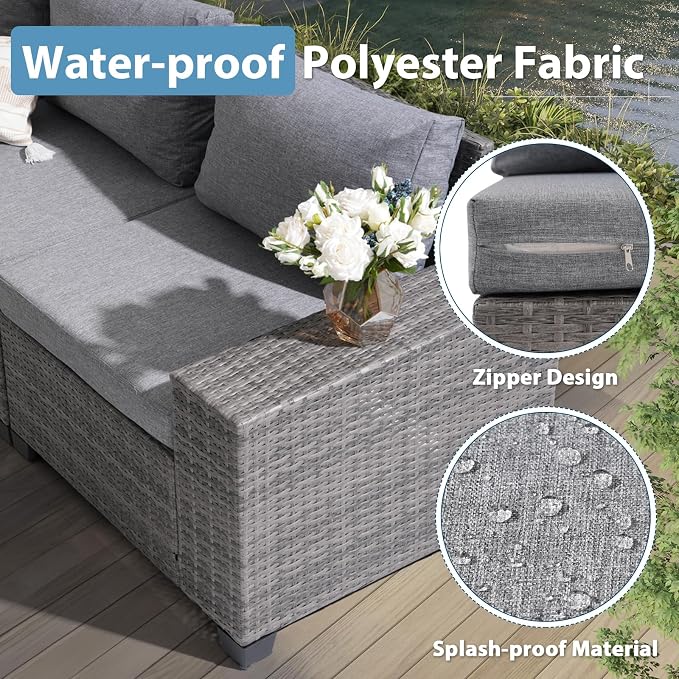 JOIVI 7 Pieces Outdoor Patio Furniture Set with 45” Fire Pit Table, Rattan Patio Sectional Sofa Conversation Set with 50000BTU Propane Fire Pit and Coffee Table for Garden, Backyard, Deck, Gray