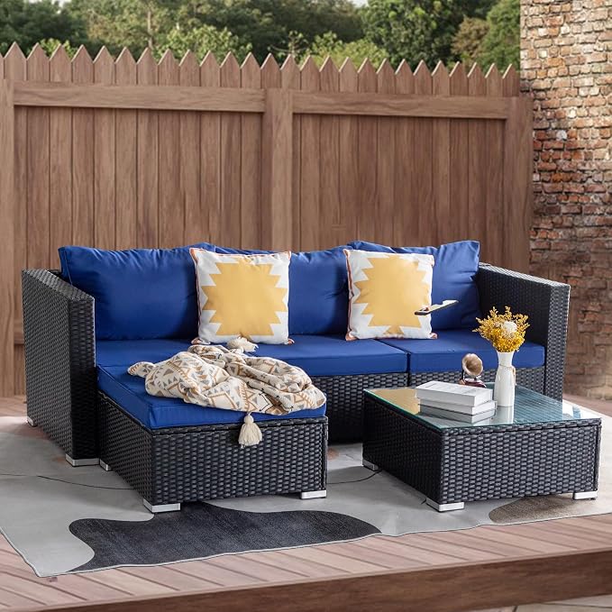 5 Piece Rattan Patio Furniture Set, Outdoor Patio Conversation Set | Soft Removable Cushion and Backrest, Tempered Coffee Table, Modern Chairs and Table Sets for Porch, Garden, Lawn, Black/Blue