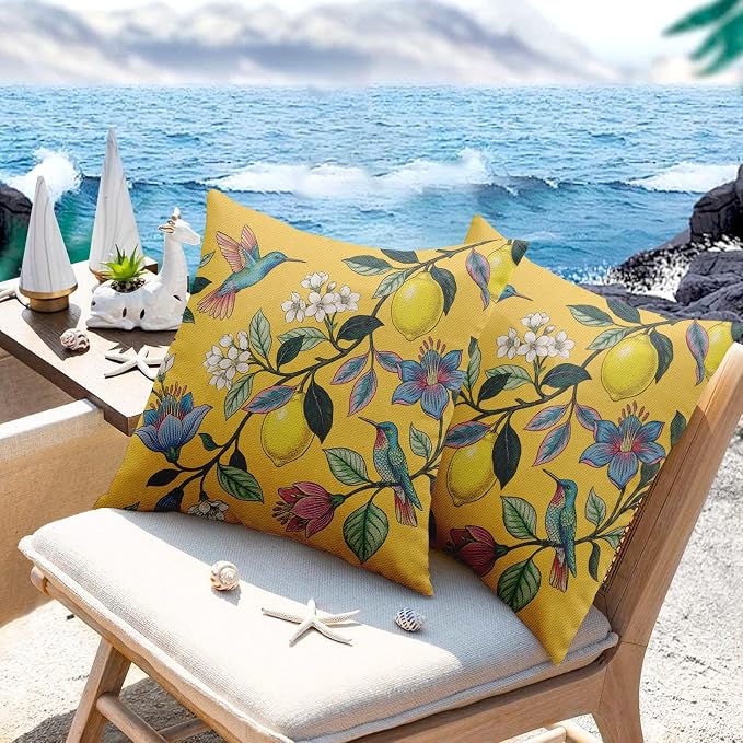 Throw Pillow Covers, Yellow Bird Floral, 18 x 18 Inch, Set of 2 | Outdoor Waterproof Pillowcase Square Cushion Case Farmhouse Garden Decorative Pillows for Couch Beach Patio