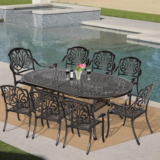 VIVIJASON 9-Piece Patio Furniture Dining Set, All-Weather Cast Aluminum Outdoor Conversation Set, Include 8 Chairs and an Oval Table with Umbrella Hole for Balcony Lawn Garden Backyard