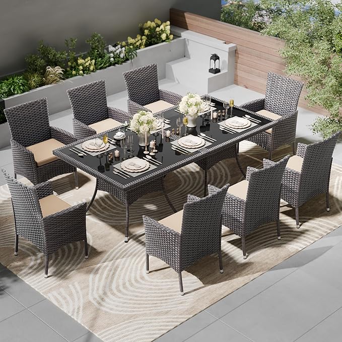 Kullavik 10 Pieces Outdoor Dining Set Patio Rattan Furniture Set,Patio Dining Table and Chairs Set with 8 Chairs and Cushions,Square Glass Tabletop with Umbrella Hole for Patio,Backyard,Sand